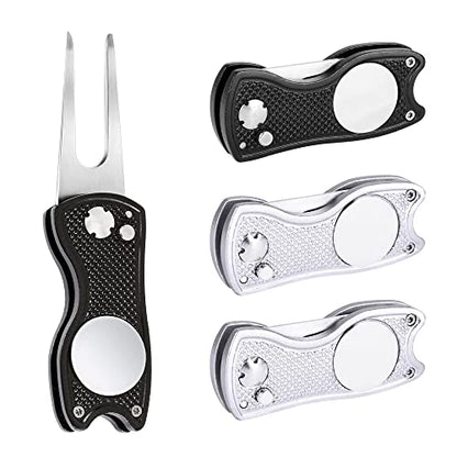 Mile High Life Golf Divot Repair Tool, All Metal Foldable Divot Tool with Pop-up Button & Magnetic Ball Marker, 2-6 Pack - color: F4-(Black*2+Sliver*2)