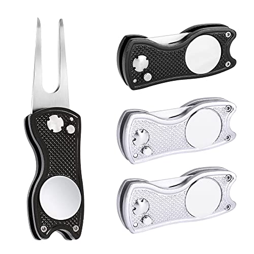 Mile High Life Golf Divot Repair Tool, All Metal Foldable Divot Tool with Pop-up Button & Magnetic Ball Marker, 2-6 Pack - color: F4-(Black*2+Sliver*2)