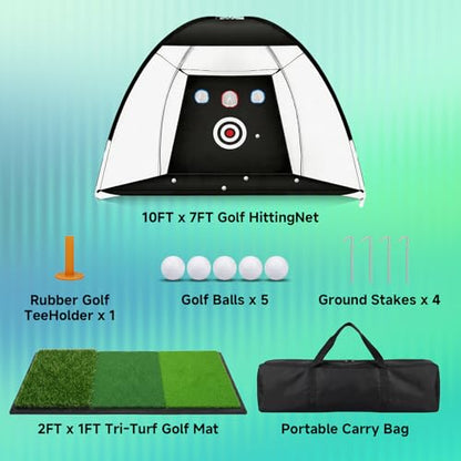 Golf Practice Net with Mat, 10x7ft Golf Hitting Net for Home Practice, Heavy Duty Garage Setup & Backyard Training Kit, Driving & Chipping Net with Target, Easy Assembly,Perfect Golf Gift for Men&Dad