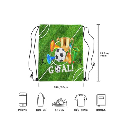 Castle Fairy Football Theme Drawstring Backpack,Golden Trophy Large Capacity Sackpack Bag,American Sports Game Lightweight Draw String Bag - color: Green Golden White
