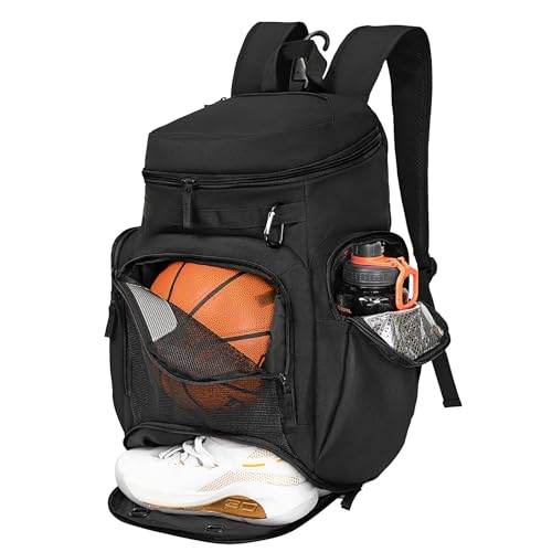 LARIPOP Basketball Backpack with Ball & Ventilated Shoe Compartment Insulated Pockets for Men Youth Training - color: black