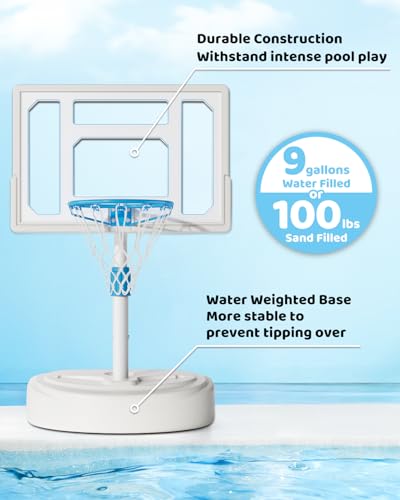 Pool Basketball Hoop, Adjustable Swimming Pool Basketball Goal, Stainless Steel Poolside Hoop with 32" Shatterproof Backboard, Portable Poolside Basketball, 2 Balls & Pump Included