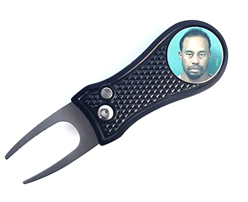 Tiger Woods Mugshot Golf Divot Repair Tool with Ball Marker - Foldable Switchblade Design (Black)