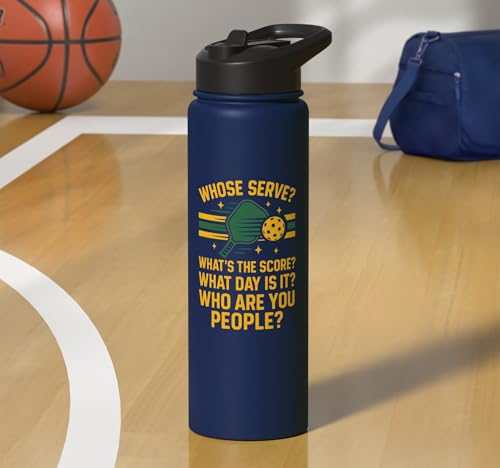 Funny Pickleball Paddle Whose Serve? What's The Score? What Stainless Steel Insulated Water Bottle - color: Navy Blue
