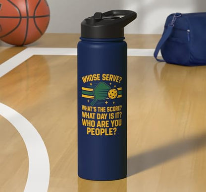 Funny Pickleball Paddle Whose Serve? What's The Score? What Stainless Steel Insulated Water Bottle - color: Navy Blue