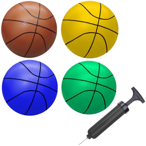ABAJI Mini Basketballs 5" Toy Ball with Pump Needle Durable Material for Mini Hoop Toddlers Kids Teenagers for Pool Indoors Outdoors - color: 4 Brown Blue Yellow Green Basketballs