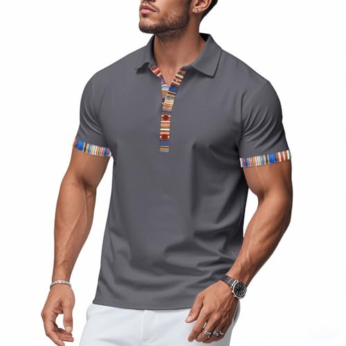 BIVENANT Men's Polo T-Shirt V Neck Short Sleeve Color Block Print Shirts Summer Casual Loose Collared Golf Pullover Tops - color: Dark Gray, size: Small