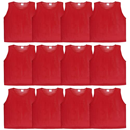 Athllete 12 pcs Duramesh Pinnies/Scrimmage Vest - Kids Youth and Adult Pinnies, Numbered Penny Jerseys for Soccer - color: Red (Set of 12), size: Medium