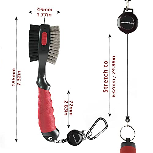 THIODOON 2 Pack Golf Club Brushes and Groove Cleaner 2 ft Retractable Zipline Carabiner Golf Brush Head with Retractable Spike Comfortable Grip Golf Club Cleaner - color: 2pcs Black & Red
