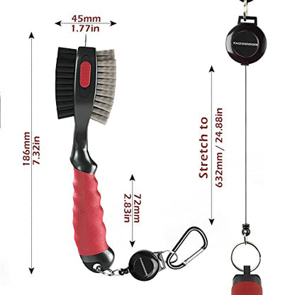 THIODOON 2 Pack Golf Club Brushes and Groove Cleaner 2 ft Retractable Zipline Carabiner Golf Brush Head with Retractable Spike Comfortable Grip Golf Club Cleaner - color: 2pcs Black & Red