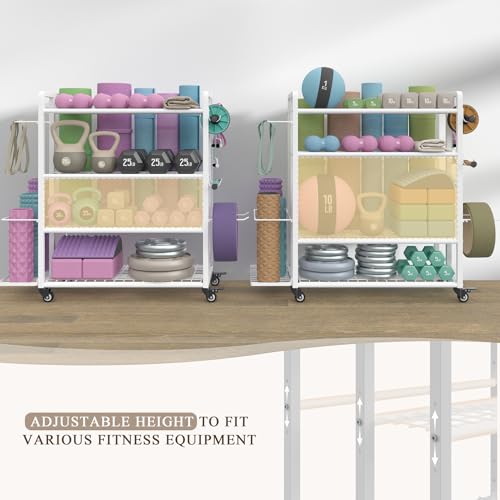 4-Tier Dumbbell Rack Stand Only, Adjustable Weight Rack for Dumbbells Kettlebells Yoga Mat, Home Gym Storage Rack with Wheels and Hooks, Powder Coated Finish - size: Large White