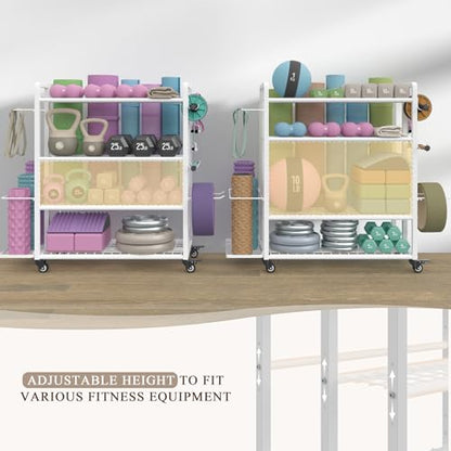 4-Tier Dumbbell Rack Stand Only, Adjustable Weight Rack for Dumbbells Kettlebells Yoga Mat, Home Gym Storage Rack with Wheels and Hooks, Powder Coated Finish