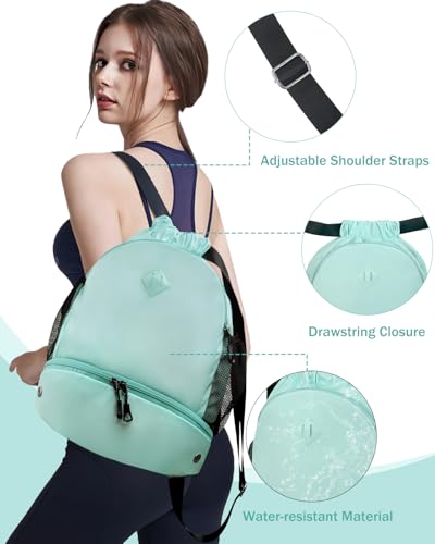 RHDZO Drawstring Backpack Gym Backpack with Shoe Compartment for Men Women String Sports Bag with Wet Pocket Cinch Swim Beach Bag, Large Mint Green - color: Large Mint Green