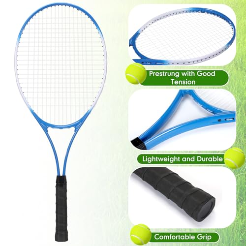 4 Pack Tennis Rackets for Adults Recreational 4 Players Pre Strung 27 Inch Tennis Racquets Lightweight Rackets Bulk with Balls Overgrips for Training - color: Blue