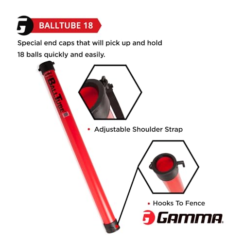 Gamma Sports Tennis Ball Tube Pickup – 18-Ball Capacity with Carry Strap and Durable Rubber End Caps with Fence Clips – Quick Court Cleanup Tool for Players, Coaches & Instructors - color: Red