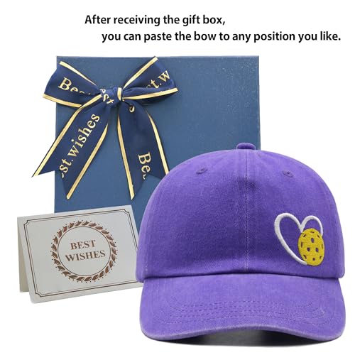 Pickleball Hat with Gift Box, Pickleball Gifts for Women Men, Adjustable Embroidered Heart Baseball Cap - color: Purple