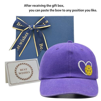 Pickleball Hat with Gift Box, Pickleball Gifts for Women Men, Adjustable Embroidered Heart Baseball Cap - color: Purple