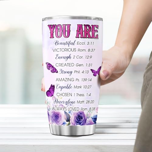 Christian Gifts for Women of Faith, Purple Butterfly Floral Cross Design 20oz Stainless Steel Insulated Tumbler, Religious Inspirational Bible Verse Travel Cup for Mom, Sister, Friend - color: Faith and Bible Verse