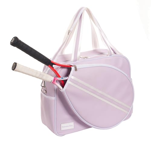 Remobia Hicol Purple PU Leather Women Large Sports Handbag Tennis Racket Shoulder Bag Tennis Tote Bag for 2 Rackets, with Water Bottle Holder