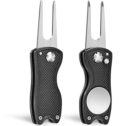 Mile High Life Golf Divot Repair Tool, All Metal Foldable Divot Tool with Pop-up Button & Magnetic Ball Marker, 2-6 Pack - color: Black/Black