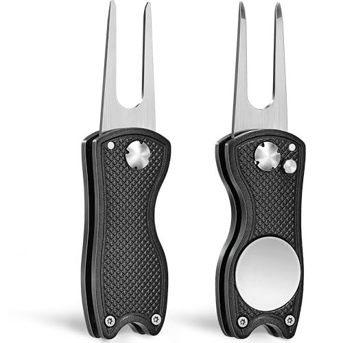 Mile High Life Golf Divot Repair Tool, All Metal Foldable Divot Tool with Pop-up Button & Magnetic Ball Marker, 2-6 Pack - color: Black/Black