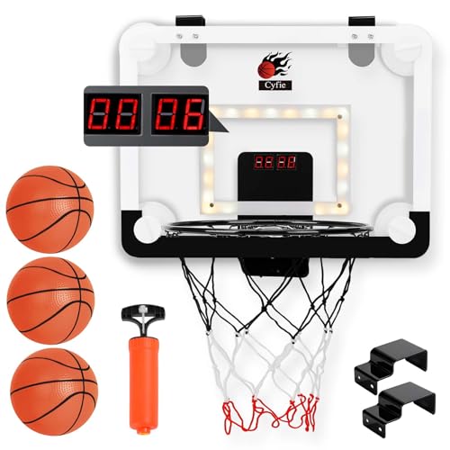CYFIE LED Basketball Hoop, Suction Cup/Over The Door Basketball Hoop with Sturdy Backboard/Electronic Scoreboard, Sound, 3 Balls, Mini Indoor Basketball Toy Gifts for Kids Teens Boys Girls Youth - color: Suction Cup & Hook