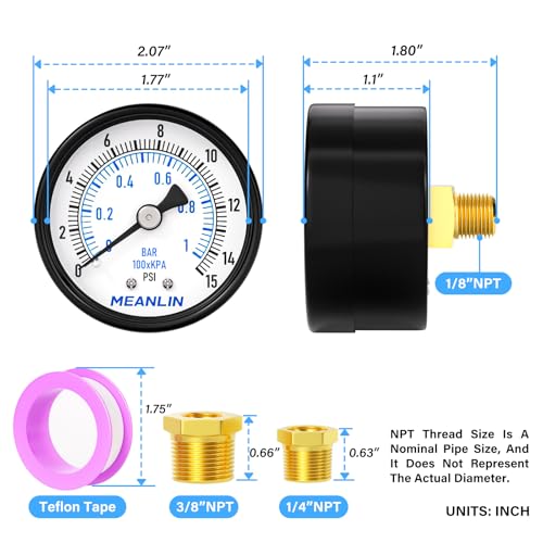 0-15Psi 2" DIAL FACE 1/8" NPT Well Pump Pressure Gauge, with 1/4" NPT and 3/8" NPT Hex Bushing, 3-2-3% Accuracy, Center Back Mount - size: 0-15Psi, style: 1/8"NPT Back Mount