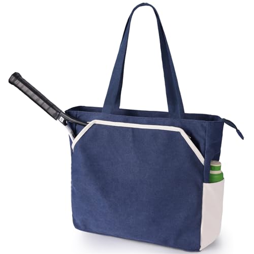 SMRITI Tennis Tote Bag Canvas, Large Sports Handbag Tennis Racket Bag for Women, Portable Tennis Racquet Shoulder Bag for Badminton, Pickleball, Padel - color: Blue+White