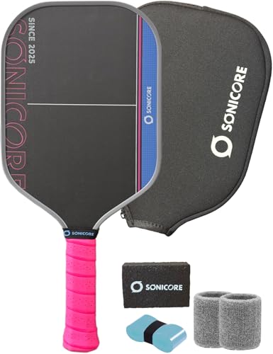 Pickleball Paddle Set, T700 Carbon Fiber, 16mm Core for Control & Spin, Includes 1 Paddle, Paddle Sleeve Cover, 2 Wristbands & 1 Grip Tape | Sonicore CourtVibe - color: Vibe Pink