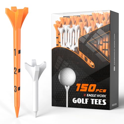 Plastic Golf Tees, 150 Pack (130 Driver Tees + 20 Iron/Hybrid Tees), Low Friction & Resistance, Top Golf Gifts for Men & Unique Golf Gifts for Golfers - color: Orange(3-1/4'', 130pcs) & White(1-1/2'', 20pcs), Plastic