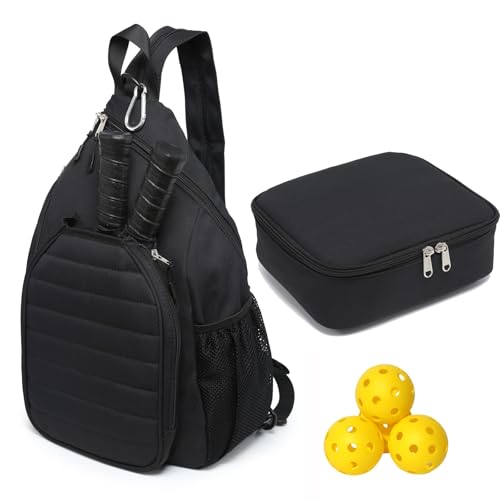 Sling Bag Crossbody Backpack for Pickleball Paddle Tennis Racketball Travel for Men and Women, with Ice Bag 2PS - color: Black