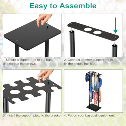 QBA Baseball Bat Holder Stand, Free Standing Bat Rack Holds Up to 8 Bats, 5 Balls, 4pcs Gloves, Bat Organizer for Home Garage Dugout, Black