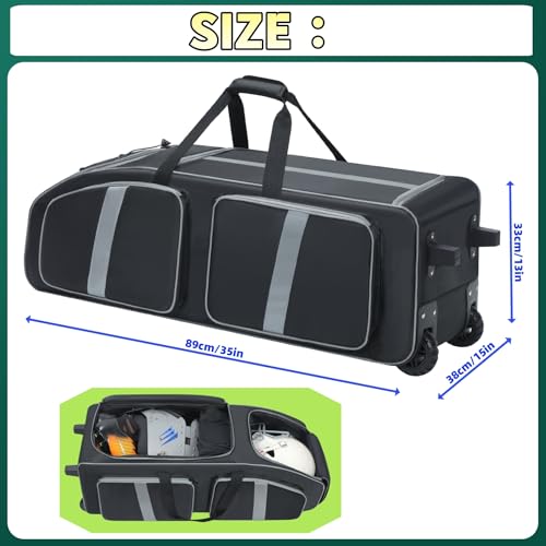 Football Bag 35" with Wheels - Football Gear Bag Heavy-Duty Rolling Equipment Bag for Team Sports, Multi-Pocket Duffle for Soccer, Baseball, Youth & Adult Athletes