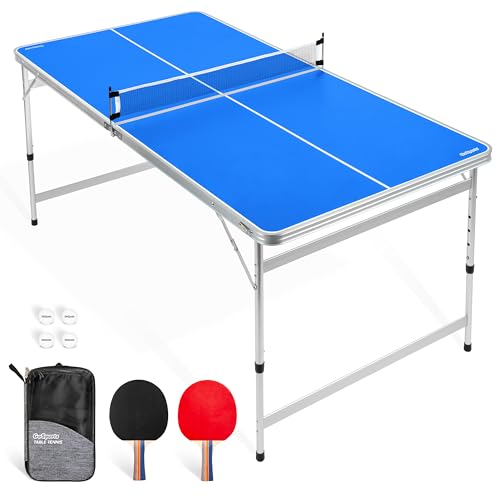 GoSports 6 x 3 ft Mid-Size Table Tennis Table Set with Adjustable Height - Green or Blue - color: 6 x 3 ft Blue