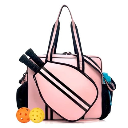 Pickleball Sports Tote Bag with Racket Holder, Neoprene, Adjustable Shoulder Strap - color: Pink