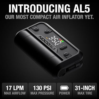 NOCO Air AL5: Cordless Tire Inflator – Portable Rechargeable Air Compressor with USB-C – 17 LPM Inflates 0–40 PSI in 7 Minutes – Digital Gauge + Auto-Shutoff – For Tires up to 31-Inches