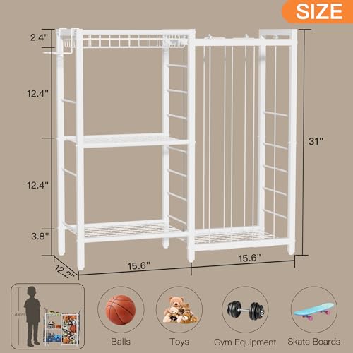 FAMIDGE Sports Equipment Organizer, Ball Storage Rack with Elastic Straps, Garage Sports Organizer Storage Cart with Hooks, Basketball Rack for for golf, Football, Soccer Ball, Bat, White