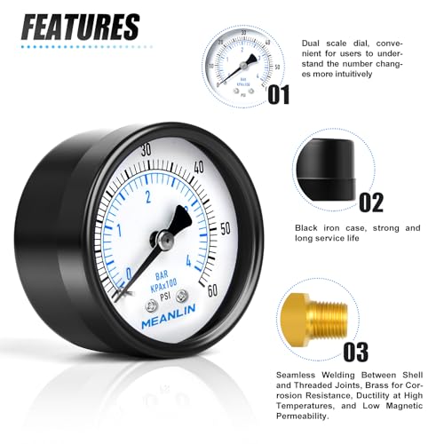 0-60Psi 2" DIAL FACE 1/8" NPT Well Pump Pressure Gauge, with 1/4" NPT and 3/8" NPT Hex Bushing, 3-2-3% Accuracy, Center Back Mount - size: 0-60Psi, style: 1/8"NPT Back Mount
