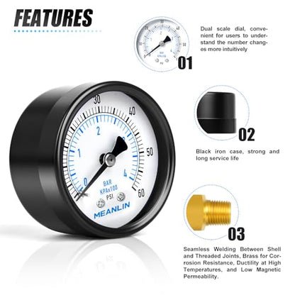 0-60Psi 2" DIAL FACE 1/8" NPT Well Pump Pressure Gauge, with 1/4" NPT and 3/8" NPT Hex Bushing, 3-2-3% Accuracy, Center Back Mount - size: 0-60Psi, style: 1/8"NPT Back Mount