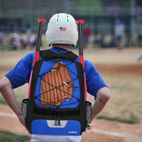 Goloni | Baseball Backpack,Baseball Bag for Adult,Softball Bat Bag with Shoes Compartment,Large Main Compartment for Helmet & accessories, Fence Hook - color: pure blue