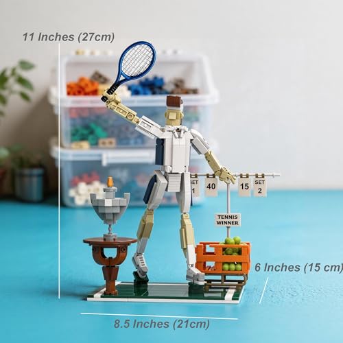 Tennis Champion Building Set for Adults – 482Pcs Kit with Metal Racket, 30 Mini Balls, Trophy & Scoreboard Stickers – Poseable Figure on Grass Court Model, Collectible Sports Diorama