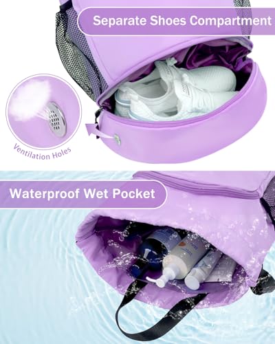 RHDZO Drawstring Backpack Gym Backpack with Shoe Compartment for Men Women String Sports Bag with Wet Pocket Cinch Swim Beach Bag, Large Purple - color: Large Purple