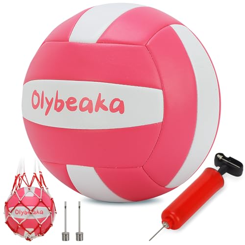 Official Size 5 PU Volleyball with Soft Touch for Indoor Outdoor, Waterproof & Durable Volleyball for Beach Park Games Gym Practice with Pump and Heavy Duty Mesh Bag - color: Pink