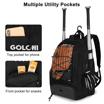 Goloni 40L Baseball Bag, Softball Bat Bag with Shoes Compartment,Fence Hook,Backpack for Baseball, T-Ball & Softball Equipment & Gear