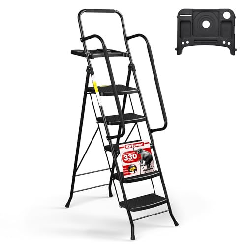 HBTower 5 Step Ladder, Folding Step Stool with Wide Anti-Slip Pedal, Tool Tray & Handrails, 330lbs Capacity for Home and Kitchen, Black - color: Black, size: 5 Step Ladder