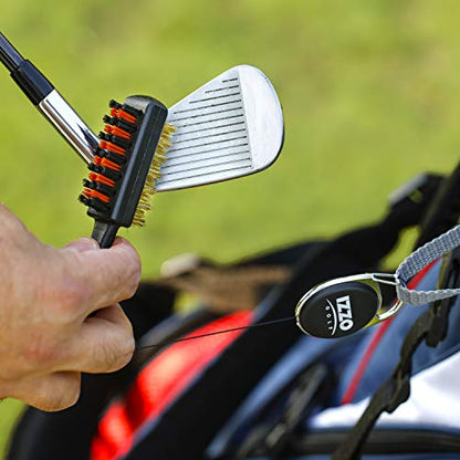 Izzo Golf Double Sided Golf Club Brush - Includes Golf Club Scrub Brush, Golf Club Groove Cleaner & Retractable Zinger for Golf Bag