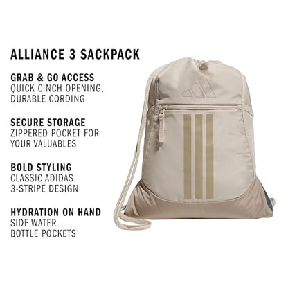adidas Alliance Sackpack – Drawstring Backpack for Sports, Small Gym Bag - color: Crystal Linen Beige/Trace Khaki/3