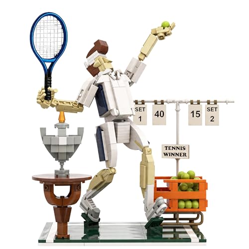 Tennis Champion Building Set for Adults – 482Pcs Kit with Metal Racket, 30 Mini Balls, Trophy & Scoreboard Stickers – Poseable Figure on Grass Court Model, Collectible Sports Diorama