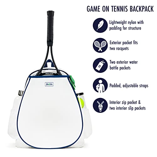 Ame & Lulu Game On Tennis Backpack - Contains Padded & Adjustable Straps - Two Exterior Water Bottle Pockets - color: White/Navy/Green