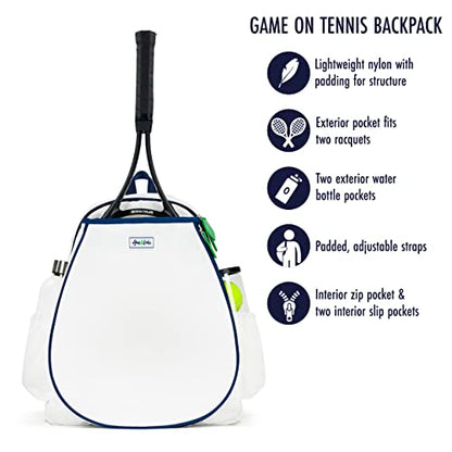 Ame & Lulu Game On Tennis Backpack - Contains Padded & Adjustable Straps - Two Exterior Water Bottle Pockets - color: White/Navy/Green